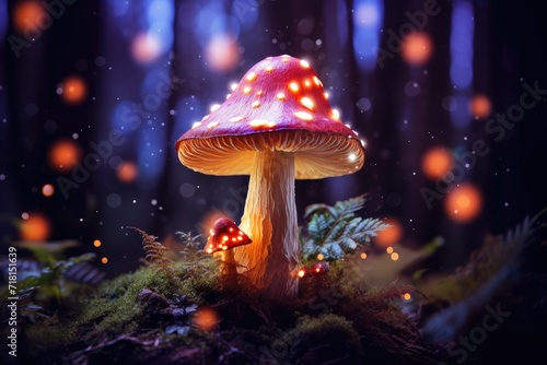 Mushrooms in the forest, Fantasy mushroom with bokeh light in the forest at night 3d illustration of abstract background Ai generated