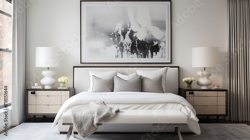 Monochromatic guest room with a framed art piece above a glossy console