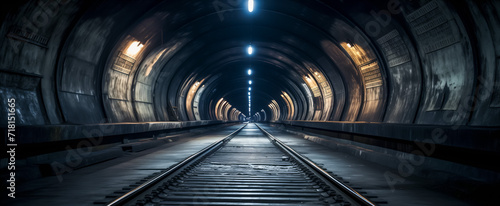Illuminated tunnel with railway track leading into the distance photo