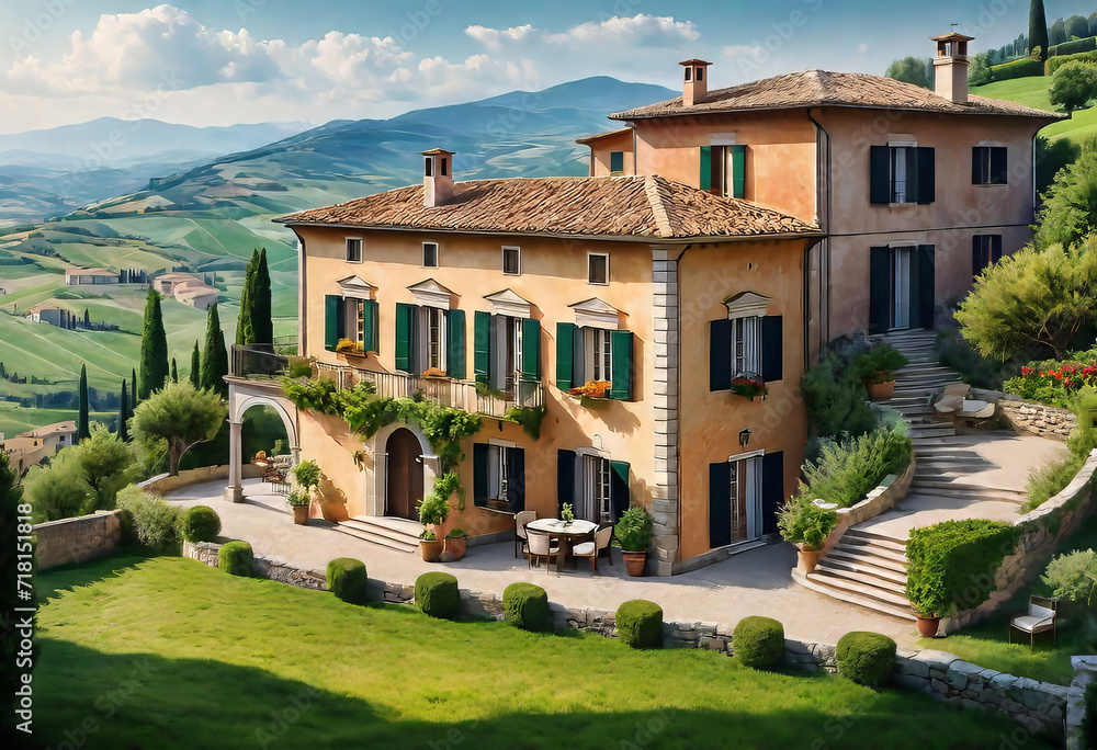 Beautiful seascape overlooking a beautiful villa in Italy in a village with a lot of space and a vineyard, vacation and winemaking concept,