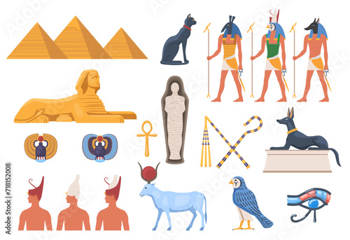 Set of Ancient Egypt elements. Stickers with Tutankhamun, god Ra, Sphinx, Pyramids of Giza and mummy. Traditional religious symbols. Cartoon flat vector illustrations isolated on white background
