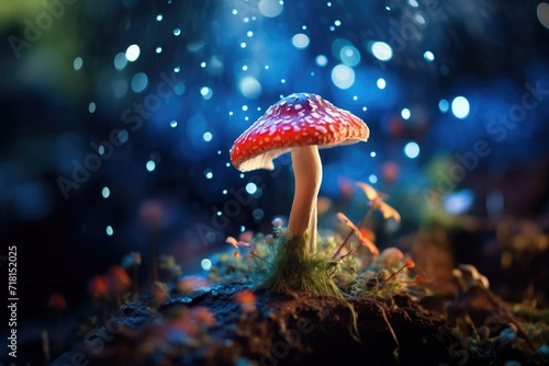 Fantasy mushroom with bokeh light in the forest at night , photo fantastic wonderland forest landscape with mushrooms and flowers, Ai generated