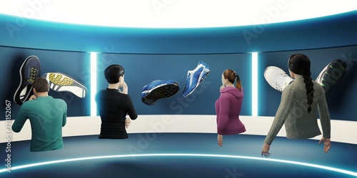 Avatars in Metaverse Online Store Merchandising in Metaverse via VR Cameras, The Sandboxes and Online Meetings 3D Illustrations