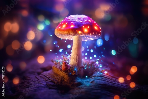 Fantasy mushroom with bokeh light in the forest at night , photo fantastic wonderland forest landscape with mushrooms and flowers, Ai generated