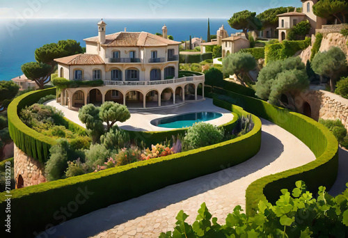 Beautiful seascape overlooking a beautiful villa in Italy in a village with a lot of space and a vineyard  vacation and winemaking concept 
