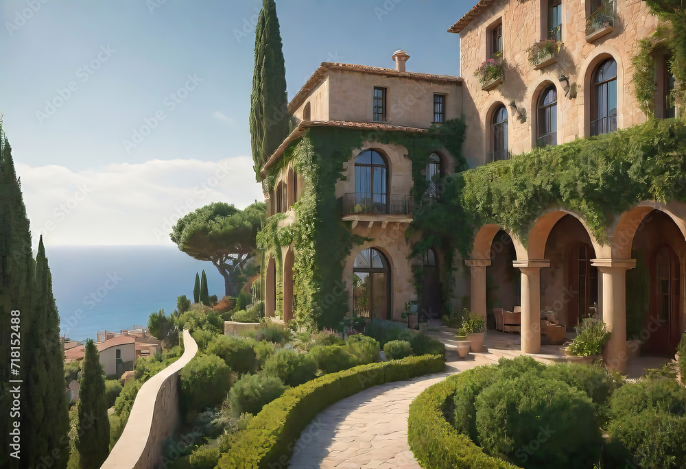 Beautiful seascape overlooking a beautiful villa in Italy in a village with a lot of space and a vineyard, vacation and winemaking concept,