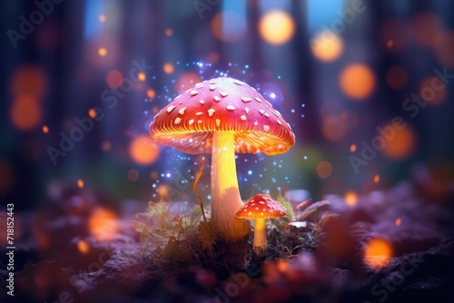Fantasy mushroom with bokeh light in the forest at night 3d illustration of abstract background Ai generated © Tanu