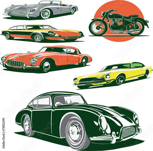 set of clasic and motor cycles cars photo