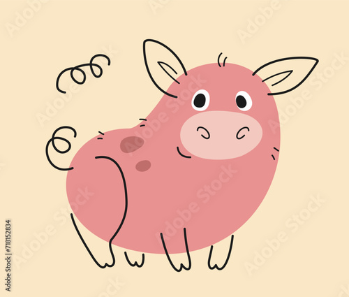Cute hand drawn animal. Doodle sticker with adorable pig with snout and tail. Agricultural animal. Funny farm mammal. Friendly wild life. Cartoon flat vector illustration isolated on beige background