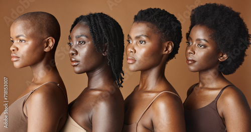 Beauty, face or black women with skincare, glowing skin or afro isolated on brown background. Facial dermatology, models or natural cosmetics for makeup in studio with girl friends or African people photo