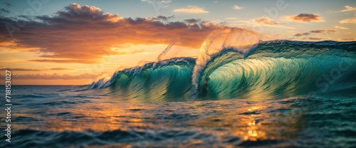 Ocean Sunset Wave with transparent waters in a bright tropical marine backdrop