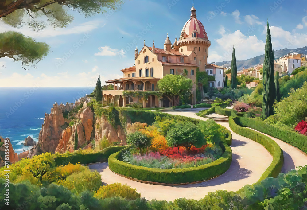 Fototapeta premium Beautiful seascape overlooking a beautiful villa in Italy in a village with a lot of space and a vineyard, vacation and winemaking concept,
