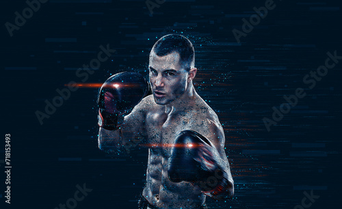 Sportsman Muay Thai boxer celebrating flawless victory in boxing cage. Isolated on black background with smoke. Copy Space. © Mike Orlov