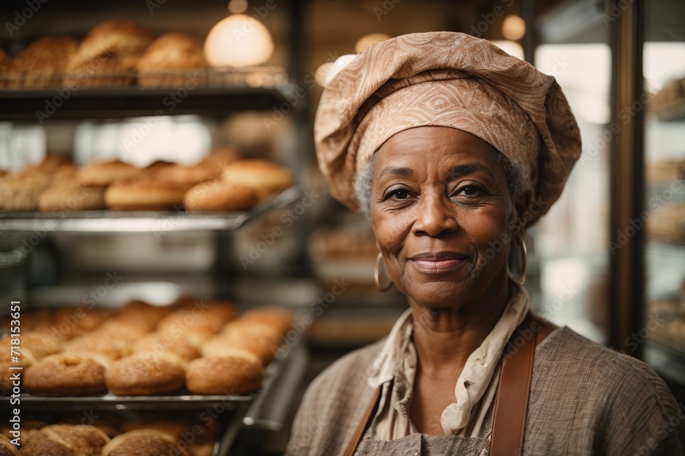 Portrait of senior african woman baker in an apron nad beret in a bakery on bread background. Concept of employment of elderly people, small business, cafe, bakery.AI generated Portrait of senior african woman baker in an apron nad beret in a bakery on bread background. Concept of employment of elderly people, small business, cafe, bakery.AI generated