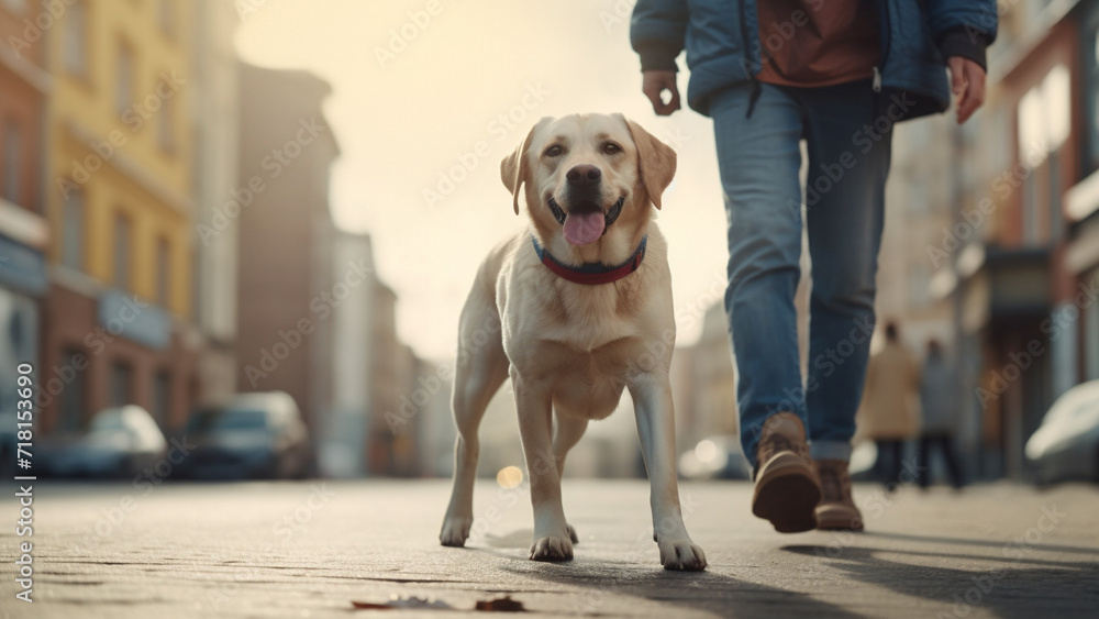 Happy Labrador Retriever take a walk in the park with human