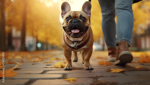 Happy French Bulldog take a walk in the park with human