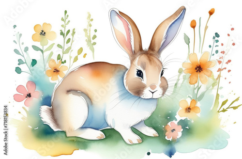 Easter postcard with a bunny, Easter children's watercolor drawing