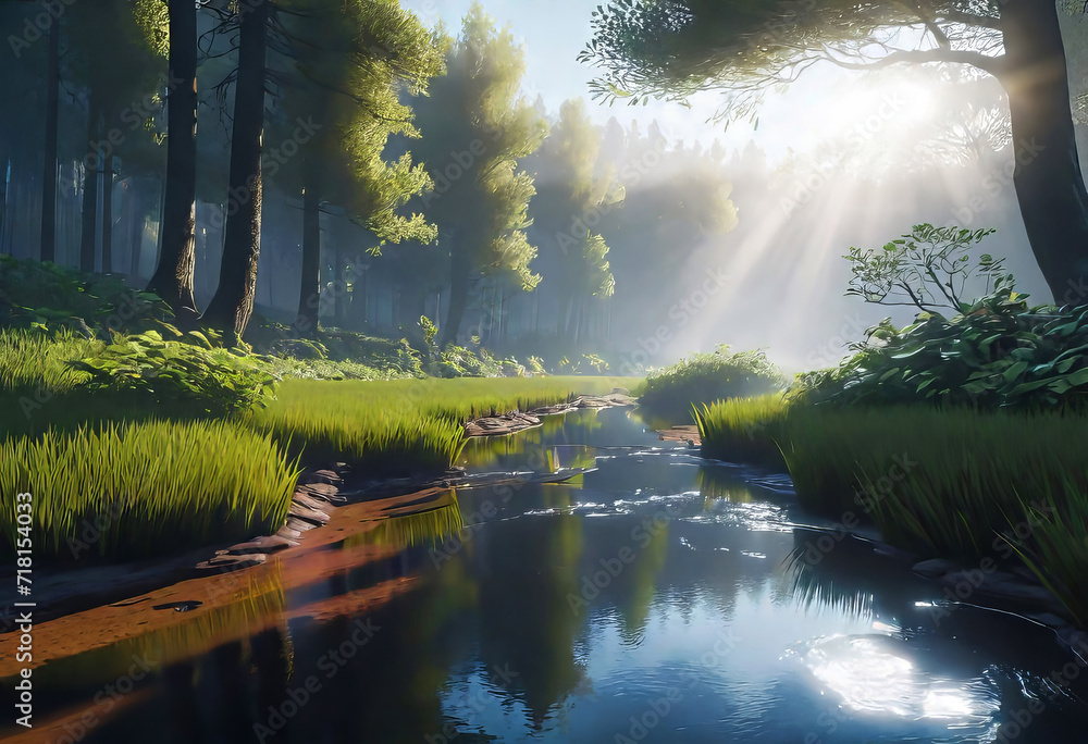Obraz premium forest in thick dense fog with reflection of the sun's rays penetrating through foliage and puddles in the grass,