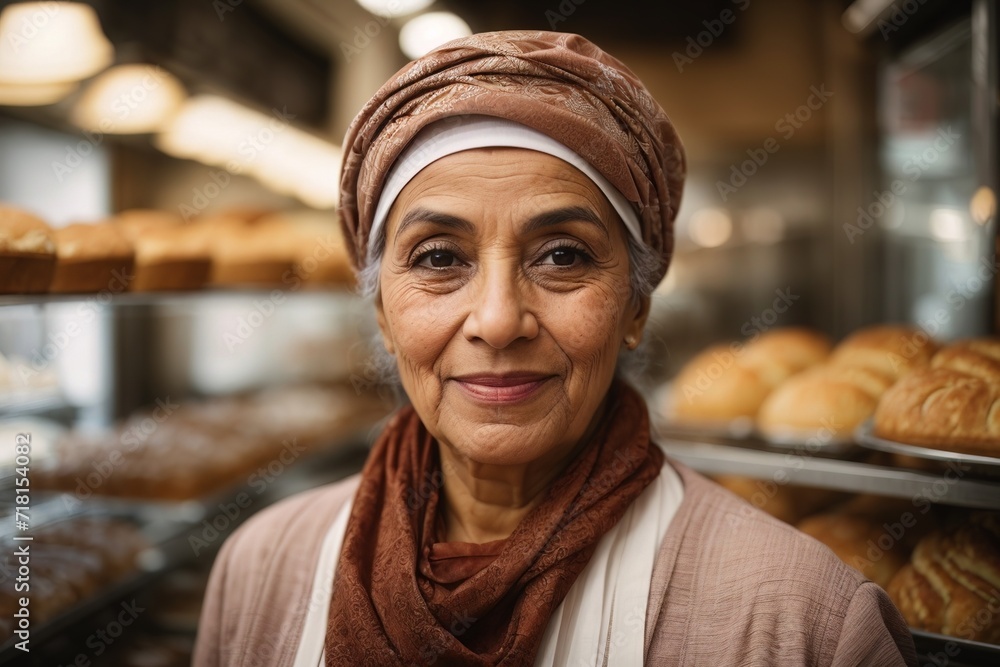 Portrait of senior islamic woman baker in an apron nad beret in a bakery on bread background. Concept of employment of elderly people, small business, cafe, bakery.AI generated