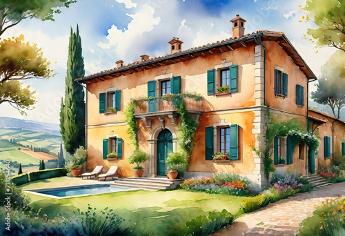 Watercolor illustration, view of a beautiful landscape with the sea with a fragment of a stunning villa in a village with a large space and a vineyard, watercolor painting © Perecciv