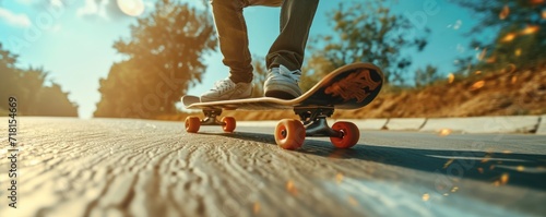 Skate park at a sunny day. Dynamic longboard in motion photo
