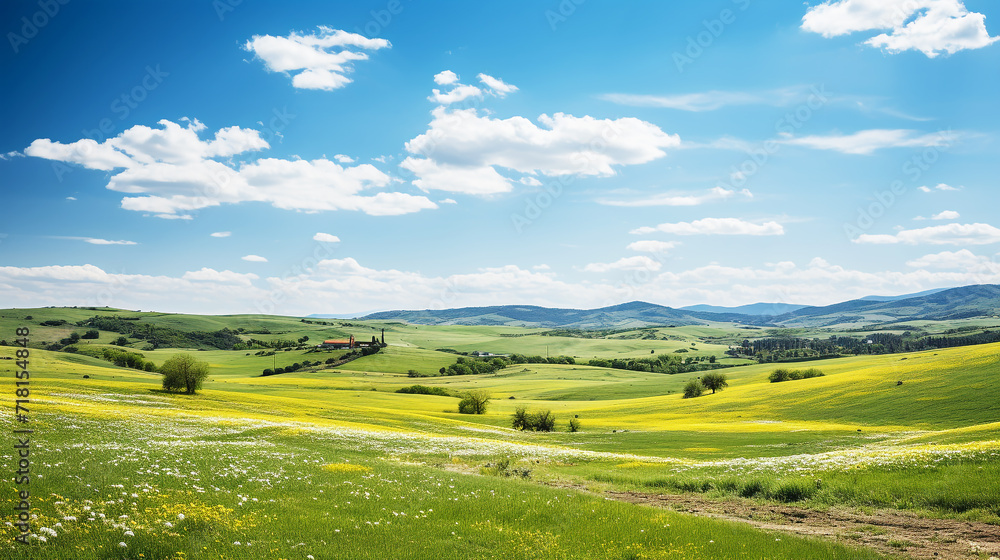Fototapeta premium Yellow flower on field and blue sky
