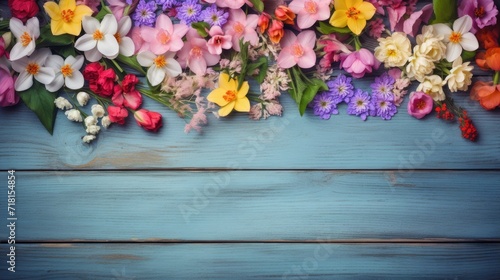 vibrant spring flowers arranged on a wooden background, creating a visually appealing composition, empty space for text or invitations, making it suitable for various uses.