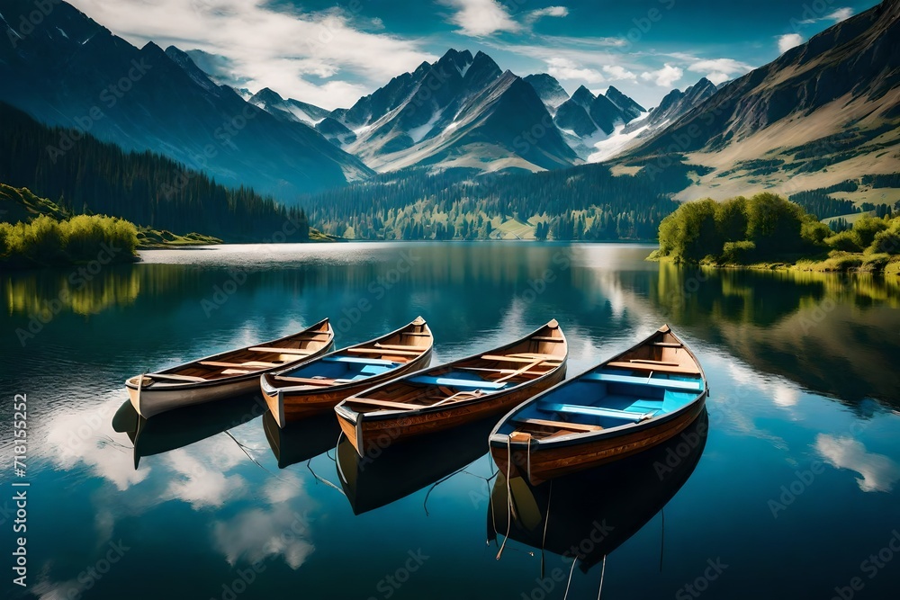 boats in the lake between the mountains