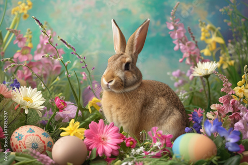 The Easter bunny in a wonderland of vibrant flowers and eggs