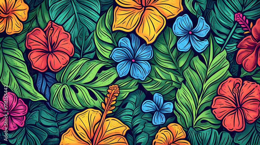 Illustrative tropical floral pattern with lush greenery and vibrant blooms.