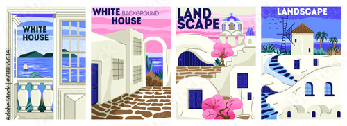 Set of Travel Destination Posters. Covers with Mediterranean landscapes, architectural landmarks and buildings. European summer vacation. Cartoon flat vector illustrations isolated on white background