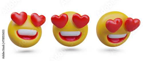 Set of emoticons in love with hearts instead of eyes. Adoration, admiration, fanaticism. Creative models in cartoon style. Motion effect, tilted templates