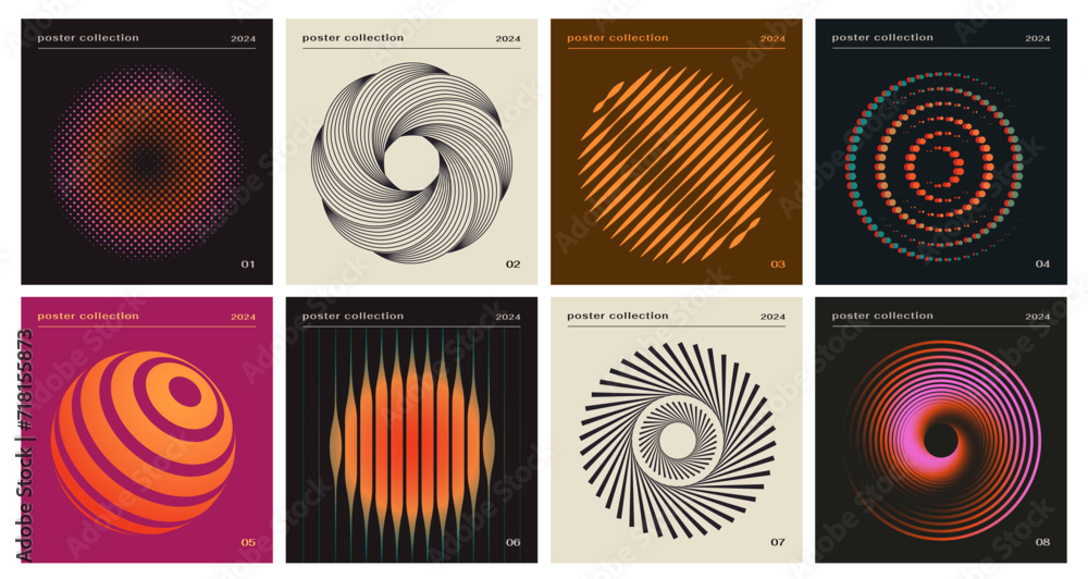 Set of abstract retro posters with circles. Geometric flyers with unusual shapes and inscriptions. Music Album Cover or Swiss Design. Cartoon flat vector illustrations isolated on white background
