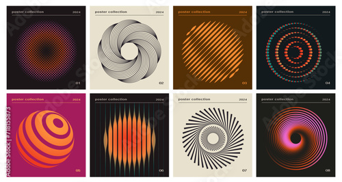 Set of abstract retro posters with circles. Geometric flyers with unusual shapes and inscriptions. Music Album Cover or Swiss Design. Cartoon flat vector illustrations isolated on white background