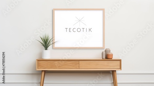 Statement Mockup poster blank frame above a mid-century modern console table