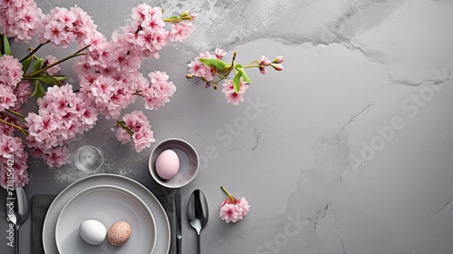 a beautifully set spring table for one person, adorned with hyacinth flowers and painted eggs, set against a gray concrete table, an inviting scene perfect for a holiday dinner.