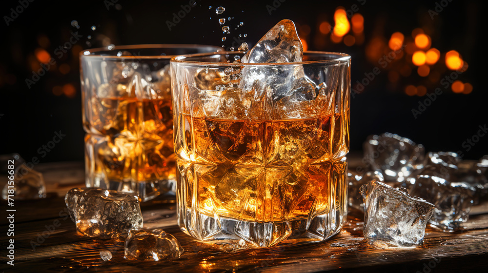 Ultra real whiskey mid-splash with droplets frozen