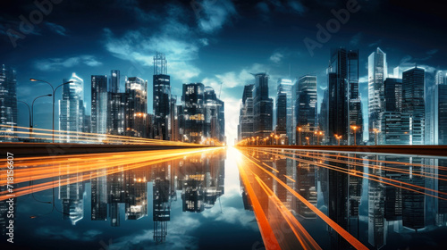 City Skyline With Skyscrapers and Lights Reflecting in Water