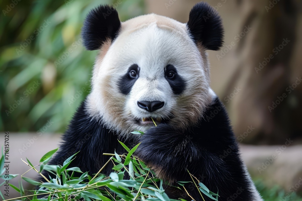 Fototapeta premium A majestic giant panda blissfully indulges in a feast of bamboo, showcasing its charming snout and captivating the hearts of all who witness this enchanting terrestrial animal in its natural habitat 