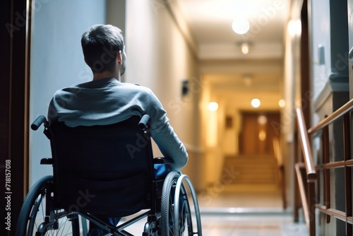 Man in Wheelchair in Hallway, Depicting the Loneliness of Disability © Anoo