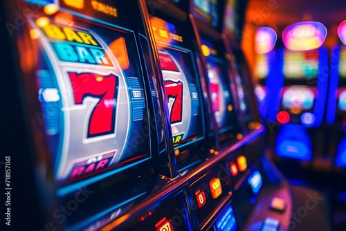 A colorful and captivating snapshot of the lively and thrilling world of casino games, featuring a close-up view of a slot machine in an arcade setting photo