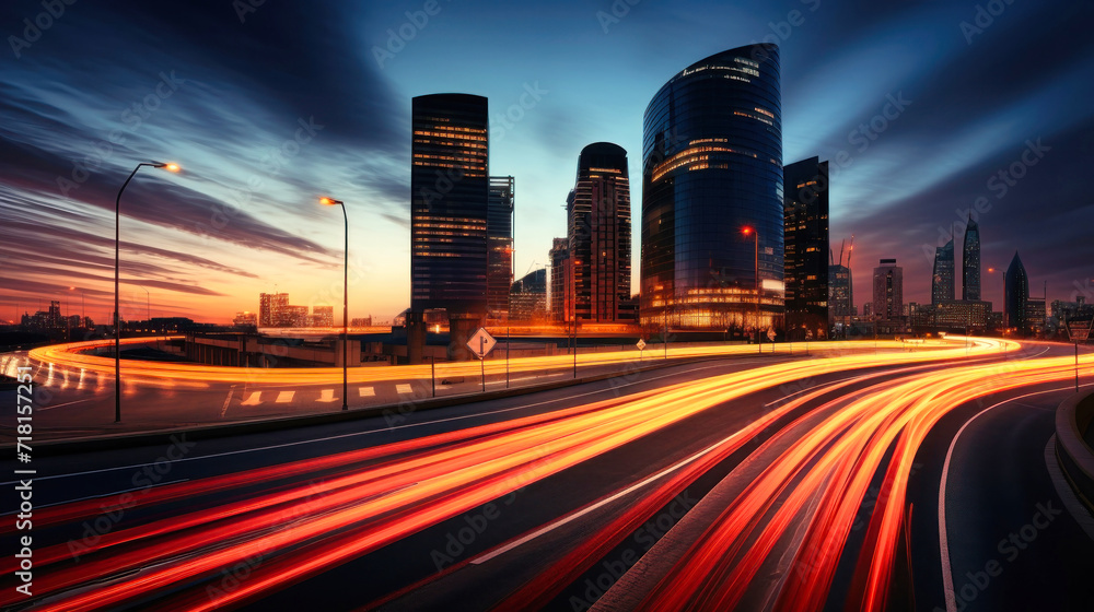 Obraz premium Highway With Bright Lights, Night Route With Blurred Car Lights - Long Exposure Photography