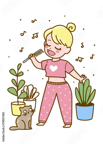 Cute cartoon young girl sings into a comb like a microphone - vector illustration for cozy design