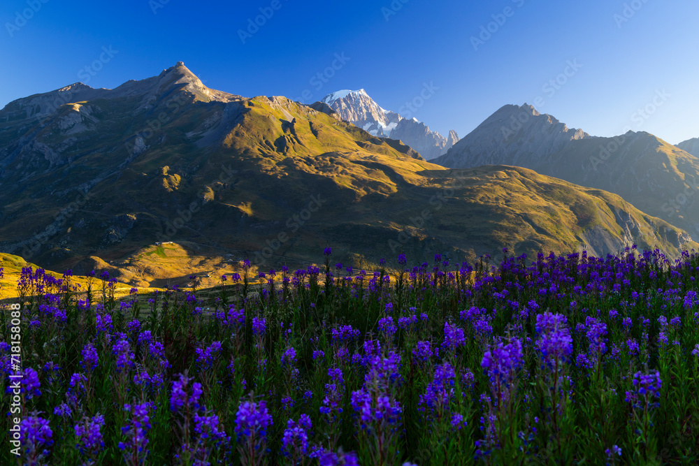 Landscape near Col du Petit-Saint-Bernard with Mont Blanc, on border France and Italy - obrazy, fototapety, plakaty 
