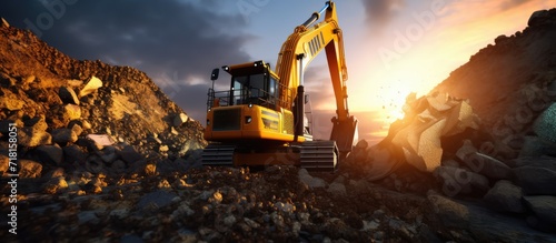 Excavator is operating in a coal mining field in hot sun, blue, orange light