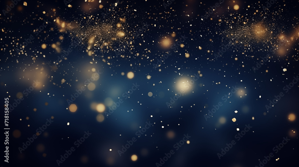 Particules scintillantes et brillantes volant sur fond sombre, bleu nuit. Lumière orangée, paillettes dorées et flou. Fond pour bannière, conception et création graphique. Particules scintillantes et brillantes volant sur fond sombre, bleu nuit. Lumière orangée, paillettes dorées et flou. Fond pour bannière, conception et création graphique.