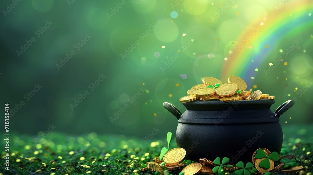 Black pot full of gold coins and shamrock leaves for st. patrick's day. Generative AI - obrazy, fototapety, plakaty 