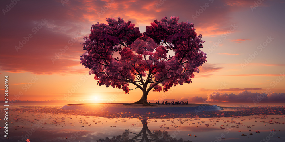 heart shaped tree with beautiful sunset  Heart Tree Love For Nature pink Landscape At Sunset Heart shaped Tree red foliage valentines day background.
