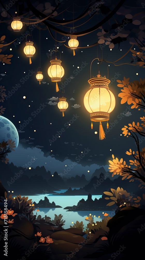 Ethereal Night with Lanterns and a Crescent Moon Ethereal Night with Lanterns and a Crescent Moon