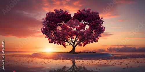 heart shaped tree with beautiful sunset Heart Tree Love For Nature pink Landscape At Sunset Heart shaped Tree red foliage valentines day background.